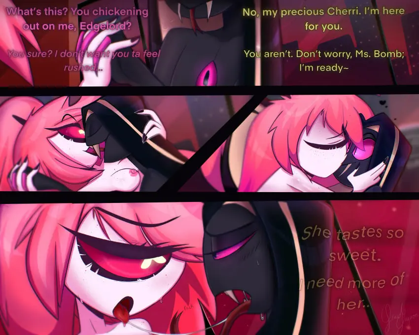 Image breasts,female,hi_res,red_eyes,male,sweat,tongue_out,tongue,duo,humanoid,hair,male/female,saliva_string,pink_hair,anthro,pink_eyes,absurd_res,saliva,sweatdrop,comic,bodily_fluids,dialogue,kissing,hazbin_hotel,huge_filesize,kiss_on_lips,forked_tongue,sir_pentious_(hazbin_hotel),cherri_bomb_(hazbin_hotel),lagoontoons,lewdlagoon,vivzmind