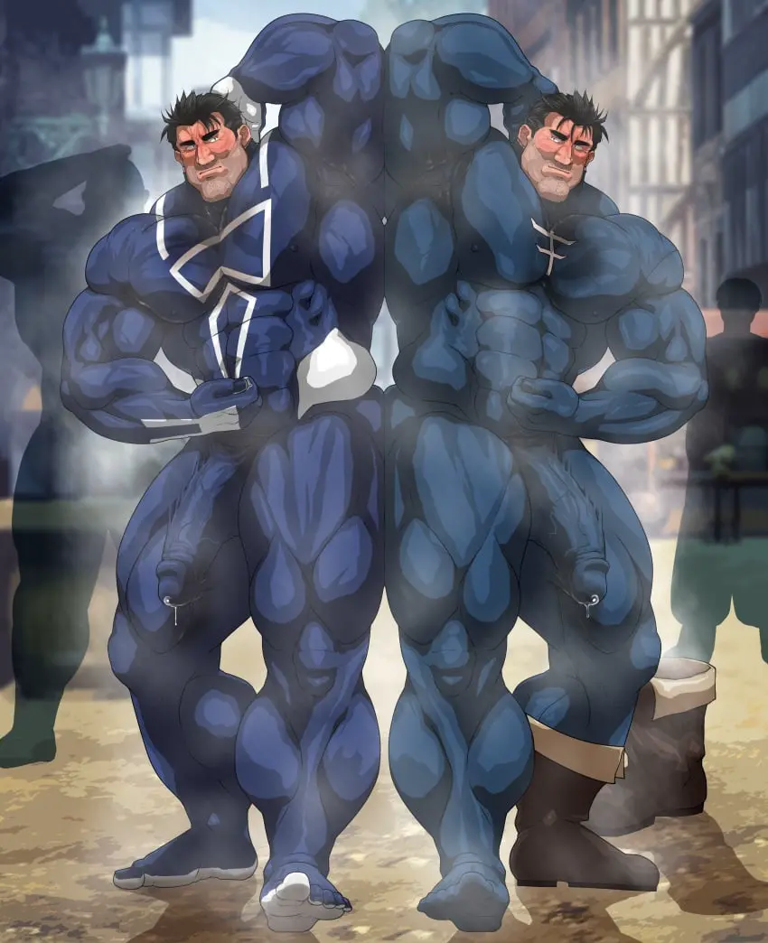 Image male,penis,sweat,erection,muscular,armpits,male_only,yaoi,balls,bara,erection_under_clothes,precum,sweating,precum_through_clothing,boner,muscles,costume,musk,hand_behind_head,armpit,sweat_stain,hitenmaru