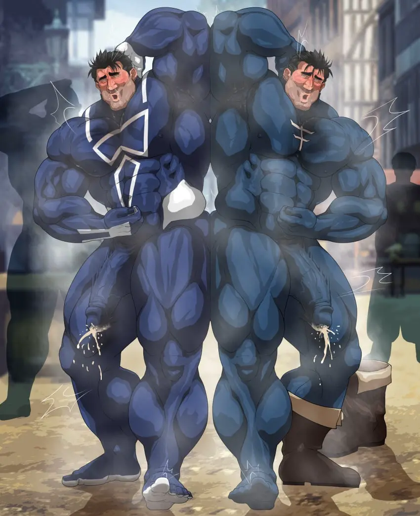 Image cum,male,penis,sweat,erection,muscular,armpits,male_only,yaoi,balls,bara,erection_under_clothes,orgasm,sweating,boner,muscles,costume,cum_through_clothes,musk,hand_behind_head,armpit,sweat_stain,hitenmaru
