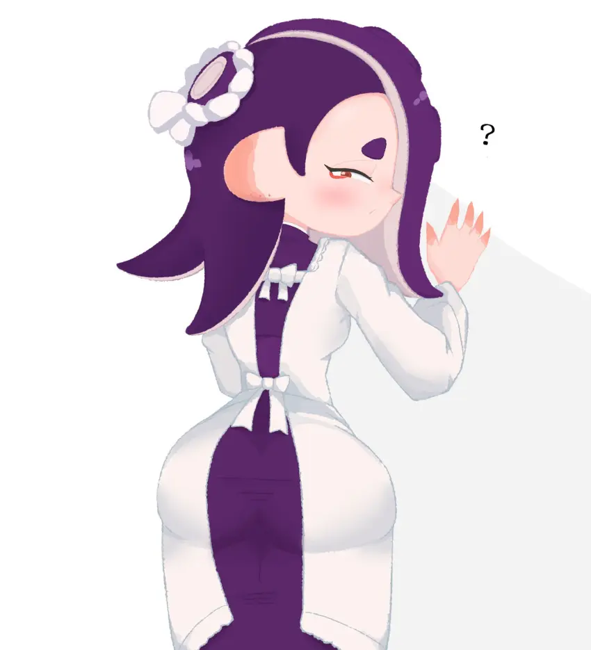 Image blush,clothed,clothing,female,hi_res,light-skinned_female,light_skin,looking_at_viewer,red_eyes,white_background,ass,big_ass,big_butt,looking_back,thick_thighs,headwear,digital_drawing_(artwork),digital_media_(artwork),eyebrows,headband,dress,purple_hair,nintendo,tentacle,blushing_at_viewer,2024,octarian,splatoon,splatoon_(series),splatoon_3,tentacle_hair,?,looking_back_at_viewer,octoling,question_mark,red_pupils,black_eyelashes,purple_eyebrows,japanese_female,splatfest,hand_on_wall,shiver_(splatoon),dipstick_fingers,o_mouth,shiver_hohojiro