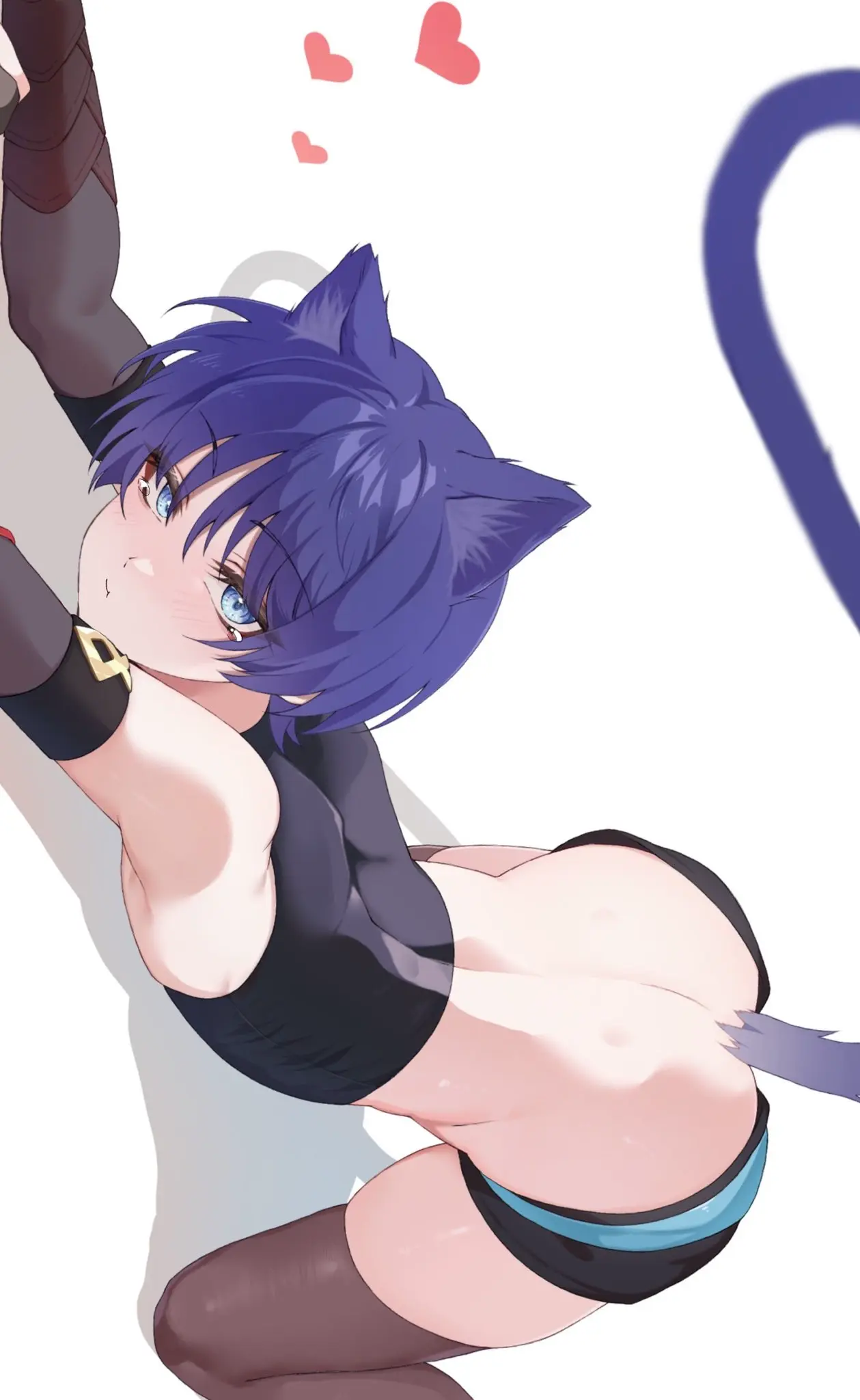 Image blush,clothed,looking_at_viewer,1boy,blue_hair,male,thighhighs,ass,bubble_butt,cat_ears,femboy,male_only,tagme,cat_tail,genshin_impact,top-down_bottom-up,bent_over,all_fours,girly,ass_up,arched_back,pout,twink,scaramouche_(genshin_impact),chobonu