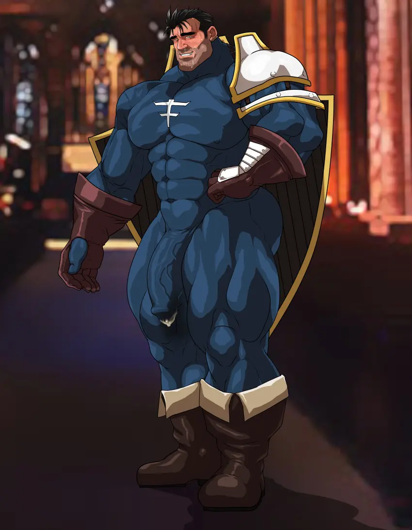 Image solo,male,penis,erection,muscular,male_only,yaoi,balls,bara,erection_under_clothes,precum,precum_through_clothing,solo_male,boner,muscles,costume,hitenmaru