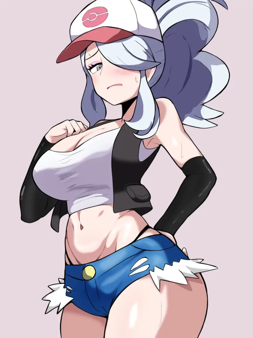 Image 1girls,big_breasts,blush,breasts,clothing,female,female_only,solo,white_hair,pokemon,sweat,hat,hair_over_one_eye,ponytail,headwear,milf,hips,solo_female,hair,huge_breasts,mature_female,sweatdrop,hand_on_hip,black_eyes,shorts,mature,tank_top,topwear,armwear,cosplay,bottomwear,blue_shorts,booty_shorts,game_freak,short_shorts,pokemon_bw,baseball_cap,pokemon_legends:_arceus,white_tank_top,cogita_(pokemon),hilda_(pokemon)_(cosplay),enbitonbi