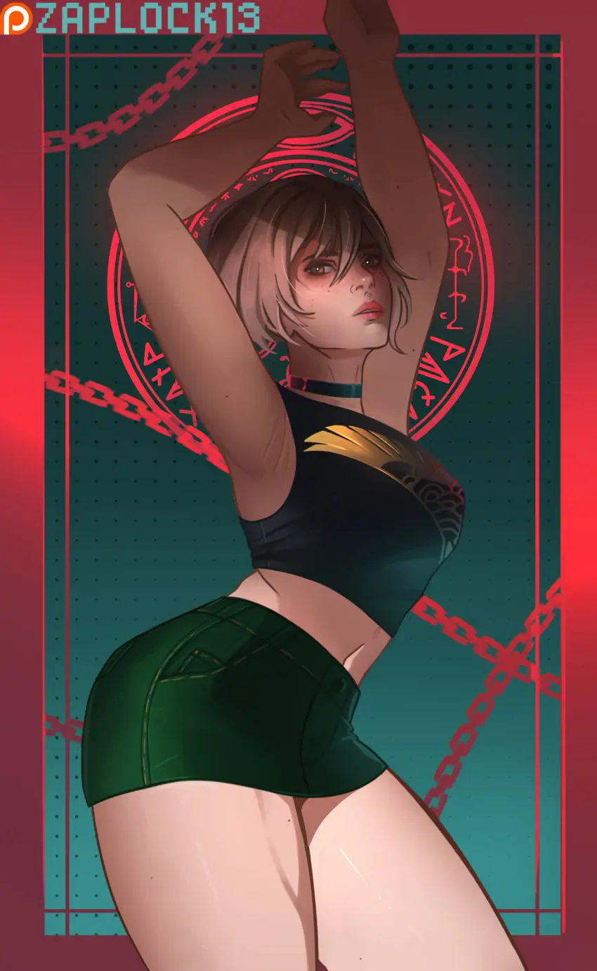Image clothed,female,looking_at_viewer,choker,armpits,belly,solo_female,solo_focus,blonde_hair,absurd_res,alternate_version_available,miniskirt,skirt,legs_together,abs,thunder_thighs,freckles_on_face,chains,spots,symbol,unimpressed,heather_mason,silent_hill,silent_hill_3,zaplock13
