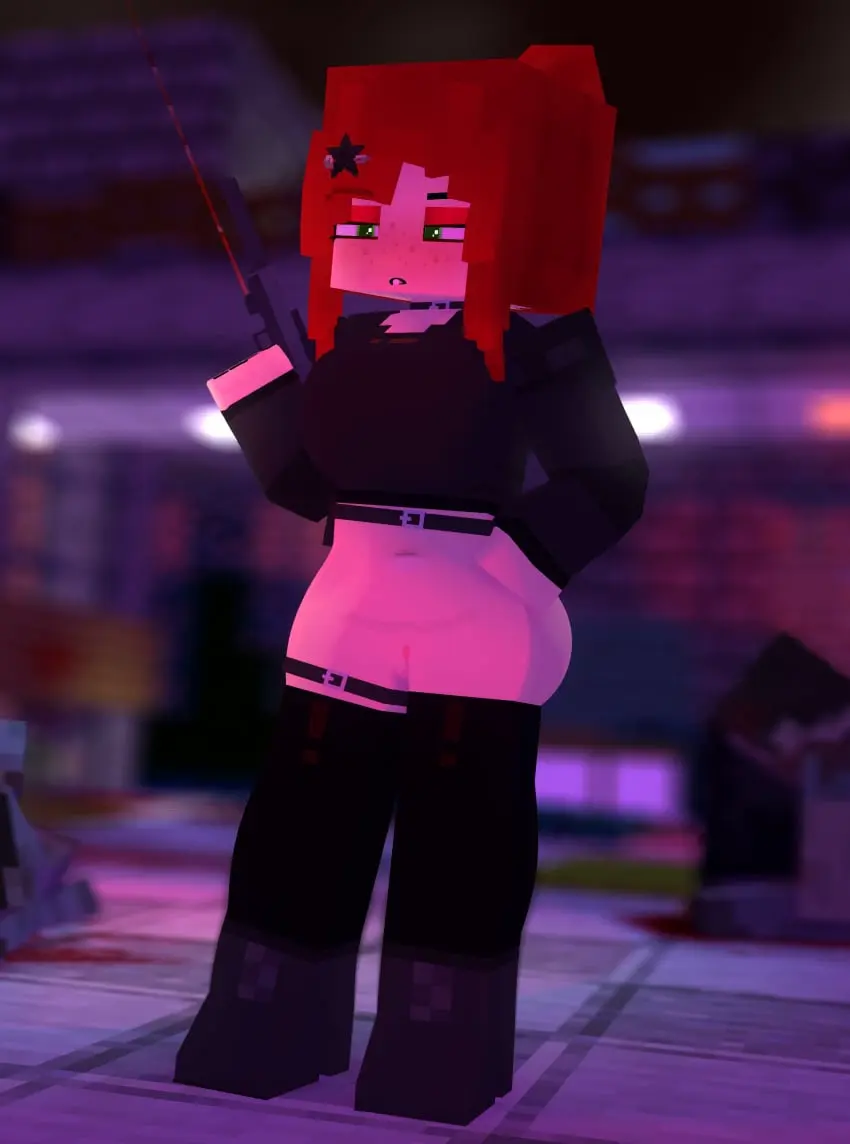 Image 1girls,big_breasts,breasts,female,human,solo,red_hair,tagme,green_eyes,3d,minecraft,wet_pussy,no_panties,bottomless,outside,erect_nipples,horny_female,armored_female,mine-imator,alyx_(mineporncraft),mineporncraft