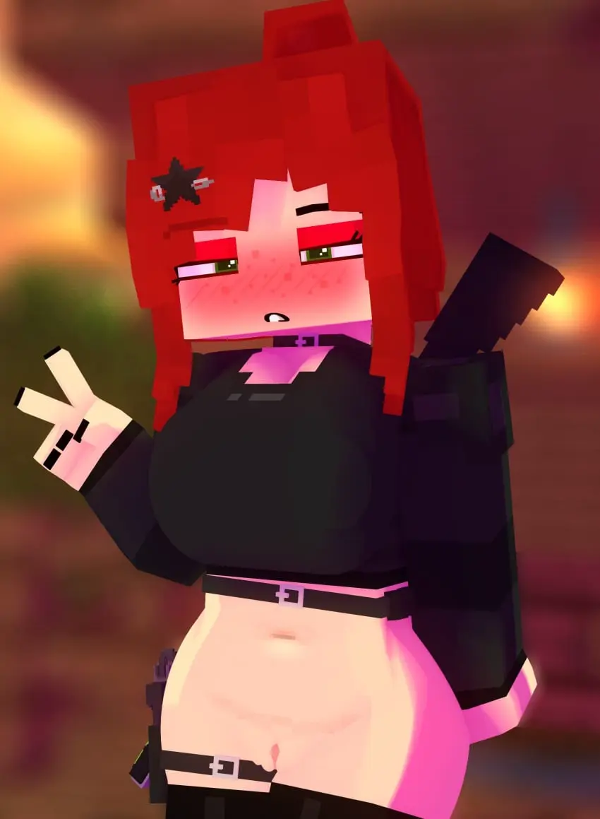 Image 1girls,big_breasts,breasts,female,hair_ornament,human,solo,choker,red_hair,belly_button,tagme,green_eyes,3d,minecraft,wet_pussy,bottomless,outside,erect_nipples,horny_female,gun,armored_female,mine-imator,alyx_(mineporncraft),mineporncraft