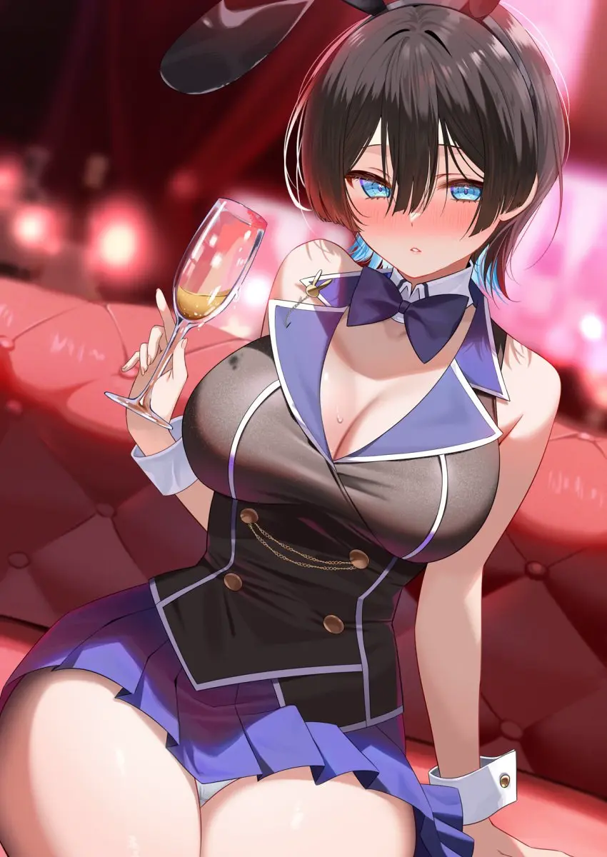 Image 1girls,big_breasts,blush,breasts,female,female_only,large_breasts,light-skinned_female,looking_at_viewer,solo,black_hair,blue_eyes,panties,thighs,wide_hips,cleavage,pale-skinned_female,bunny_ears,skirt,hourglass_figure,slim_waist,bowtie,drunk,panty_peek,bunny_garden,miuka_(bunny_garden),piyosan1119