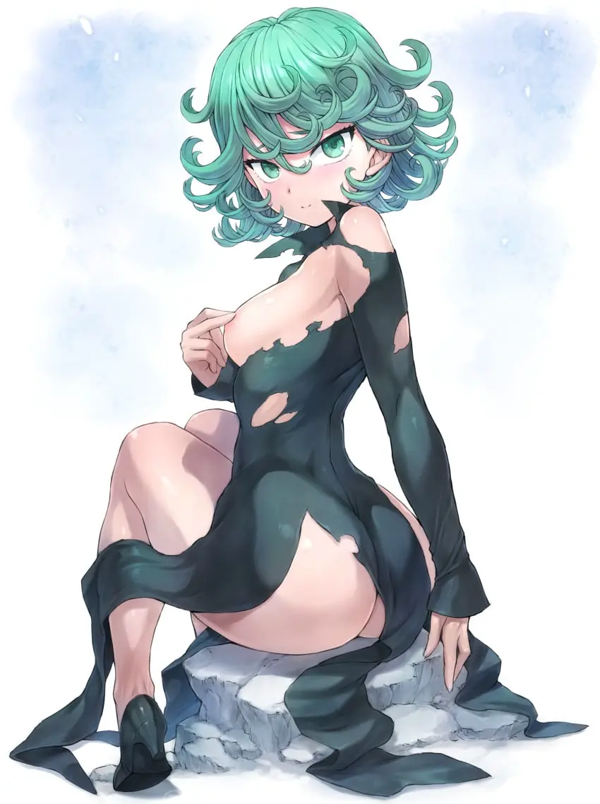 Image 1girls,breasts,female,female_only,looking_at_viewer,solo,ass,looking_back,small_breasts,thighs,green_eyes,dress,green_hair,torn_clothes,one-punch_man,tatsumaki,torn_dress,mogudan,covering_nipple