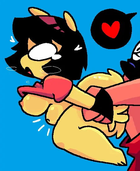 Image 1girls,female,1boy,male,blue_background,yellow_body,heart,stomach_bulge,hearts_around_head,speech_bubble,yellow_skin,1boy1girl,red_shirt,jjoyplus,yopy,joy_(jjoyplus),yuh_(yopy),hands_on_wrists