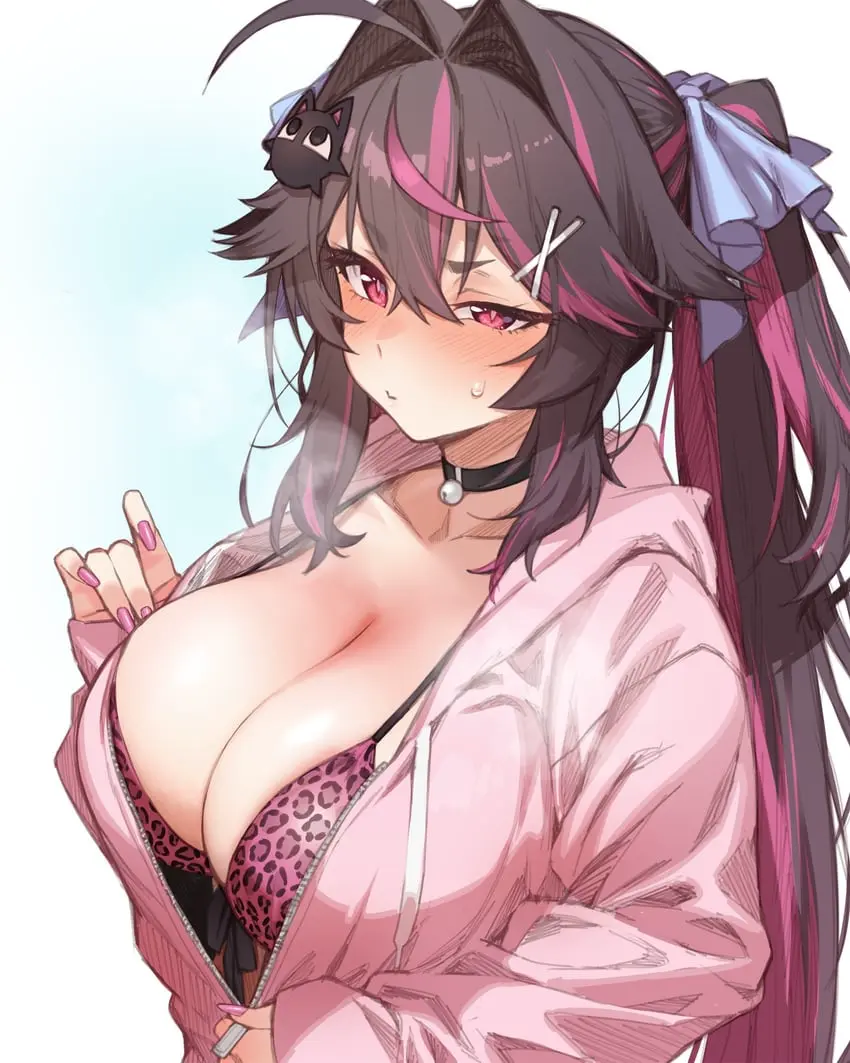 Image blush,breasts,female,highres,large_breasts,long_sleeves,solo,absurdres,choker,bikini,multicolored_hair,cleavage,pink_hair,pink_eyes,swimsuit,original,brown_hair,sweatdrop,twintails,streaked_hair,animal_print,leopard_print,bell,neck_bell,leopard_print_bikini,unzipping,aigami_himeka,yagi_(ningen)