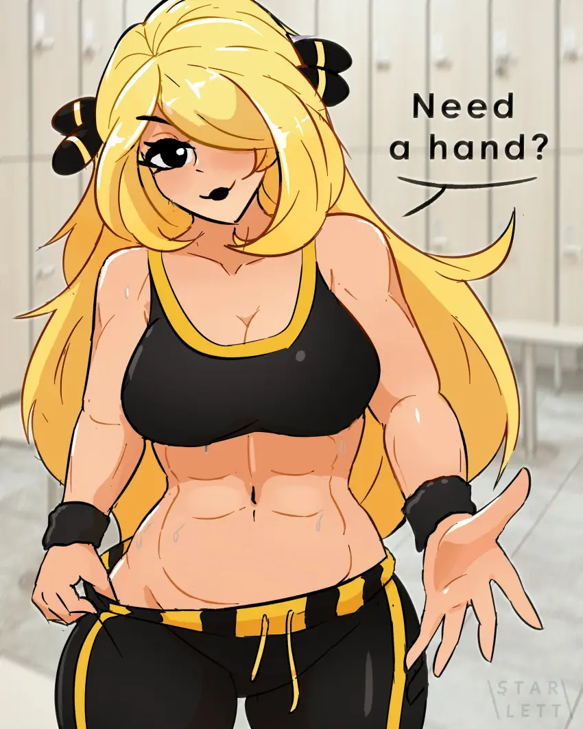 Image 1girls,female,light-skinned_female,light_skin,looking_at_viewer,pokemon,sweat,hair_over_one_eye,muscular,sports_bra,artist_name,blonde_hair,nintendo,english_text,abs,cynthia_(pokemon),muscular_female,black_lipstick,muscular_abs,gym_clothes,c_starlett