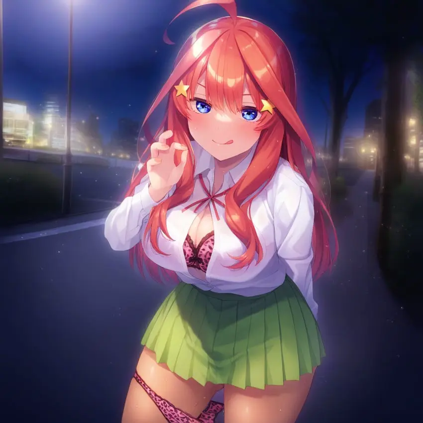 Image 1girls,blush,bow,female,long_hair,looking_at_viewer,open_clothes,open_shirt,solo,blue_eyes,sweat,red_hair,bra,panties,underwear,ai_generated,solo_female,solo_focus,school_uniform,skirt,:d,green_skirt,panty_pull,unbuttoned,leopard_print,leopard_print_bra,pink_panties,pink_bra,leopard_print_panties,star_hair_ornament,bow_bra,go-toubun_no_hanayome,nakano_itsuki,stars_in_hair,homupanty