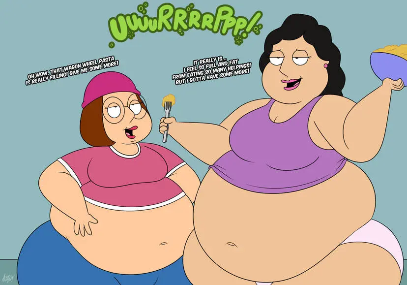 Image female,tight_clothing,expansion,fat,fat_female,overweight,overweight_female,obese,ssbbw,onomatopoeia,obese_female,eating,food,weight_gain,burping,family_guy,meg_griffin,fat_belly,bonnie_swanson,altzegoz_(artist),bloating,mutual_weightgain