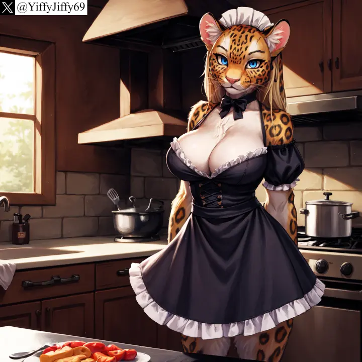 Image bow,breasts,female,large_breasts,long_hair,looking_at_viewer,smile,solo,animal_ears,blue_eyes,furry,watermark,ai_generated,artist_name,cleavage,anthro,furry_female,twitter,stable_diffusion,dress,indoors,maid,short_sleeves,black_dress,maid_headdress,feline,window,kitchen,bowtie,leopard,twitter_username,food,frills,yiffyjiffy69,puffy_short_sleeves,frilled_dress