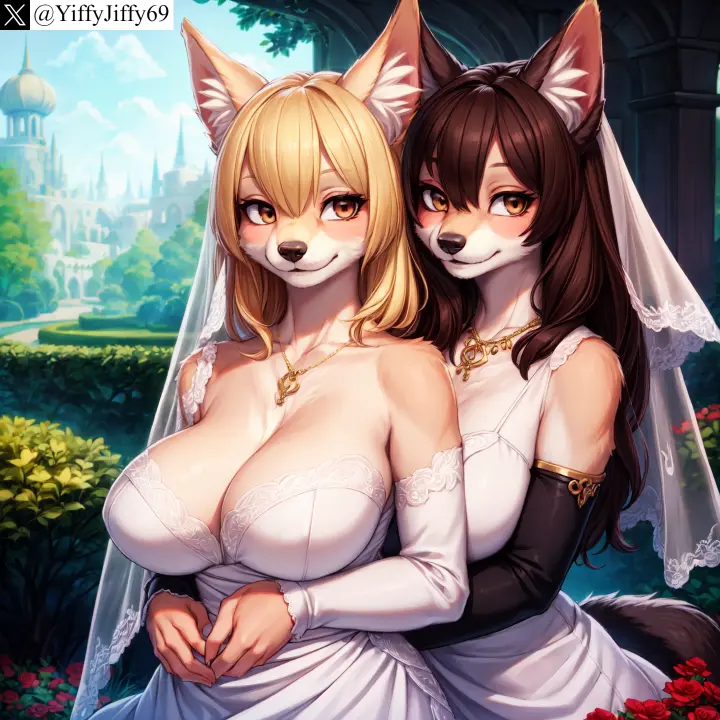Image breasts,brown_eyes,female,large_breasts,long_hair,smile,2girls,animal_ears,multiple_girls,tail,furry,animal_ear_fluff,watermark,ai_generated,artist_name,cleavage,jewelry,anthro,furry_female,twitter,blonde_hair,stable_diffusion,dress,necklace,brown_hair,detached_sleeves,hair_between_eyes,outdoors,white_dress,canine,snout,yuri,dog_girl,flower,fox,hug,wife_and_wife,twitter_username,wedding_dress,veil,bridal_veil,hug_from_behind,yiffyjiffy69,bride,yuri_wedding,lesbian_marriage