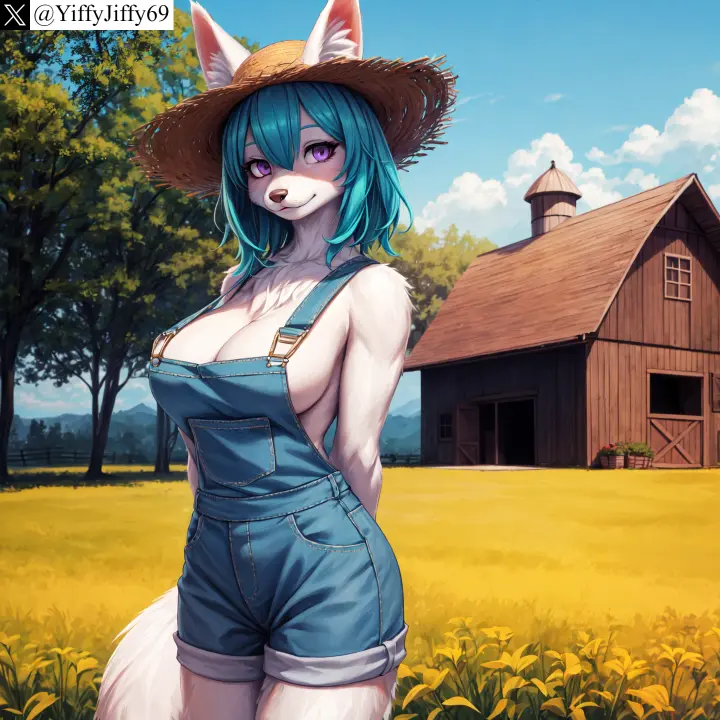 Image breasts,cowboy_shot,female,large_breasts,looking_at_viewer,smile,solo,standing,animal_ears,bangs,blue_hair,tail,furry,hat,animal_ear_fluff,watermark,sky,ai_generated,artist_name,cleavage,overalls,anthro,furry_female,twitter,stable_diffusion,purple_eyes,cloud,medium_hair,hair_between_eyes,outdoors,canine,closed_mouth,tree,fox,blue_sky,day,arms_behind_back,twitter_username,straw_hat,building,house,yiffyjiffy69,naked_overalls,blue_overalls