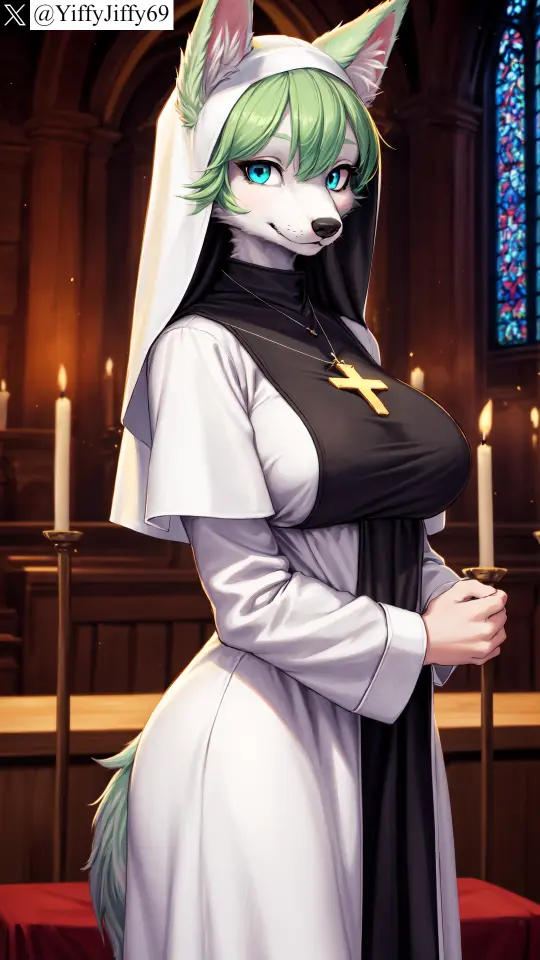 Image breasts,female,large_breasts,looking_at_viewer,smile,solo,animal_ears,blue_eyes,short_hair,tail,furry,watermark,ai_generated,artist_name,jewelry,anthro,furry_female,twitter,stable_diffusion,necklace,indoors,hair_between_eyes,green_hair,canine,snout,body_fur,fox,church,cross_necklace,nun,twitter_username,candle,cross,own_hands_together,habit,animal_nose,yiffyjiffy69