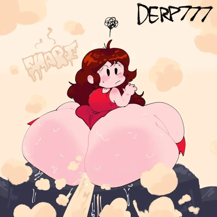 Image female,sweat,yellow_background,tagme,sitting,shocked,high_heels,no_panties,red_dress,edit,edited,thunder_thighs,huge_thighs,fat,obese,onomatopoeia,friday_night_funkin,girlfriend_(friday_night_funkin),fart,farting,red_shoes,uncomfortable,auburn_hair,derp777,moonoatmeal