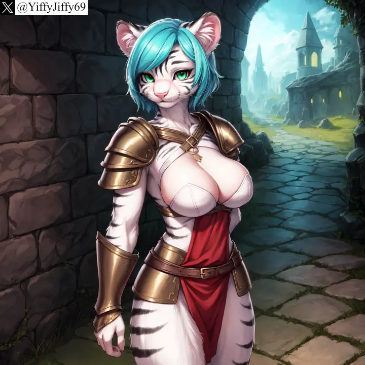 Image breasts,cowboy_shot,female,large_breasts,looking_at_viewer,smile,solo,animal_ears,blue_hair,short_hair,furry,watermark,ai_generated,artist_name,cleavage,anthro,furry_female,twitter,green_eyes,stable_diffusion,outdoors,closed_mouth,belt,feline,day,armor,tiger,twitter_username,pelvic_curtain,brick_wall,pauldrons,vambraces,yiffyjiffy69,shoulder_armor,tiger_ears,white_tiger