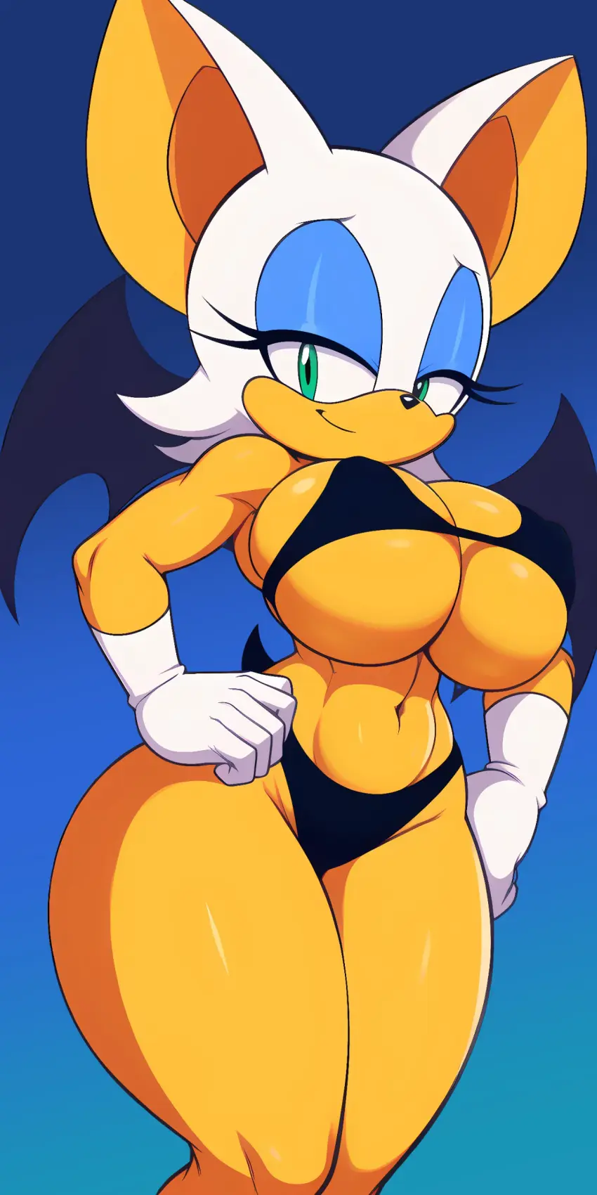 Image breasts,female,simple_background,solo,navel,tail,thick_thighs,muscular,ai_generated,eyelashes,solo_female,solo_focus,huge_breasts,anthro,gradient_background,tan_body,pose,hand_on_hip,fit,fit_female,white_gloves,black_bikini,small_waist,sonic_(series),sonic_the_hedgehog_(series),muscular_female,swimwear,bat_wings,bat,rouge_the_bat,hands_on_hips,tummy,teal_eyes,blue_eyeshadow,virtuai