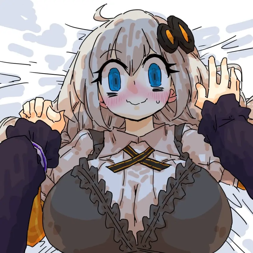 Image blush,breasts,collared_shirt,female,female_only,hair_ornament,looking_at_viewer,white_hair,2girls,blue_eyes,sweat,bed_sheet,huge_breasts,sweatdrop,bed,pov,yuri,white_shirt,wavy_mouth,holding_hands,female/female,vocaloid,voiceroid,handholding,female_pov,kizuna_akari,black_apron,seki_(red_shine),yuzuki_yukari