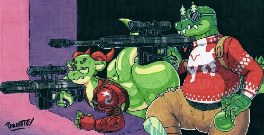 Image clothed,clothing,male,big_ass,big_butt,2boys,male_only,artist_name,digital_drawing_(artwork),digital_media_(artwork),glasses,anthro,fortnite,artist_signature,girly,sweater,commission,cosplay,mostly_nude,kobold,bending_over,graphite_(artwork),marker_(artwork),parasitedeath,gun,crocodile,crocodilian,sniper_rifle,hybrid_(fortnite),dolph_(fortnite),julio_diaz,megatoxic22,yoshai_the_kobold