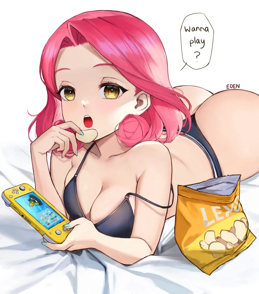 Image 1girls,breasts,female,looking_at_viewer,open_mouth,solo,short_hair,yellow_eyes,panties,underwear,ass,artist_name,cleavage,solo_female,solo_focus,pink_hair,original,mario_(series),english_text,talking_to_viewer,food,laying_on_stomach,chips_(food),nintendo_switch,mario_kart,eden_(shiroki_yuutsu),vanilla_(eden_(shiroki_yuutsu)),mario_kart_8,flower-shaped_hair,nintendo_switch_lite