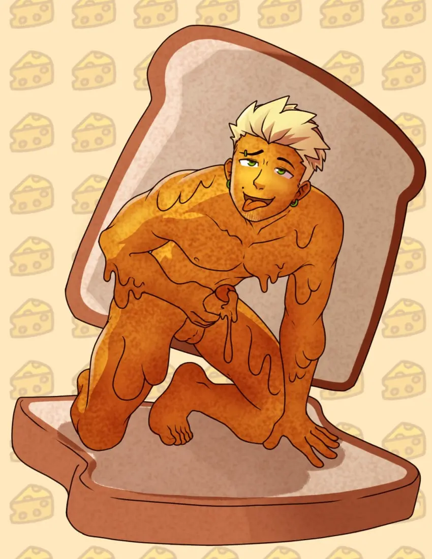 Image hi_res,looking_at_viewer,nipples,simple_background,smile,solo,cum,male,nude,short_hair,tongue_out,tongue,humanoid,kneeling,male_only,digital_media_(artwork),hair,piercing,what,genital_fluids,masturbation,bodily_fluids,ear_piercing,2024,male_focus,melting,ear_ring,ring_piercing,stubble,food,pattern_background,weird,food_creature,food_humanoid,unusual_bodily_fluids,unusual_cum,unusual_genital_fluids,cheese,sandwich_(food),dairy_products,bread,cheese_cum,flavored_cum,grilled_cheese,grilled_cheese_sandwich,liquid_cheese,queso_(theslimeguy),sillykb0y,toast