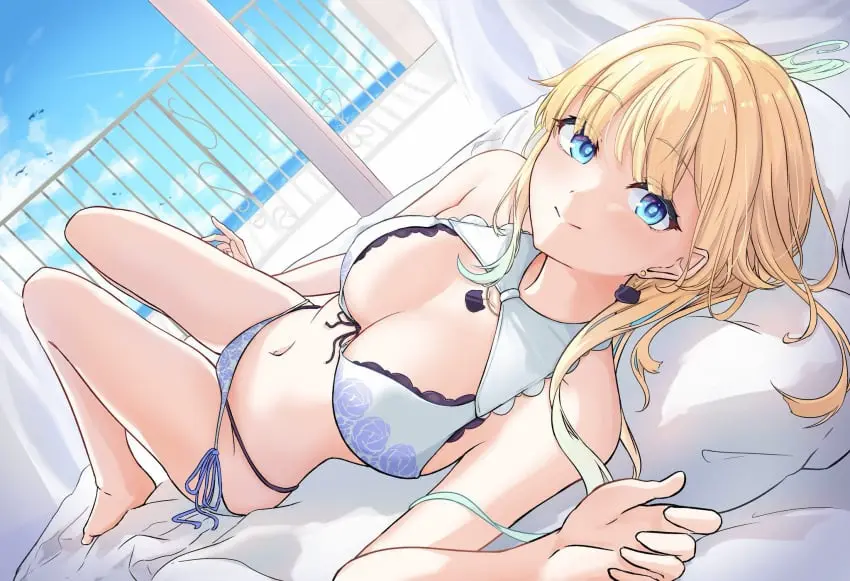 Image 1girls,big_breasts,breasts,female,highres,large_breasts,looking_at_viewer,smile,solo,blue_eyes,navel,lying,on_back,bikini,earrings,barefoot,gradient_hair,multicolored_hair,virtual_youtuber,ocean,sky,jewelry,blonde_hair,swimsuit,on_bed,bed,white_bikini,pillow,highleg,full_body,blue_sky,halterneck,floral_print,highleg_bikini,lace_trim,railing,front-tie_top,side-tie_bikini_bottom,front-tie_bikini_top,dangle_earrings,aizawa_ema,aizawa_ema_(summer_c102),animal_earrings,lace-trimmed_bikini,ogura_toast,vspo!
