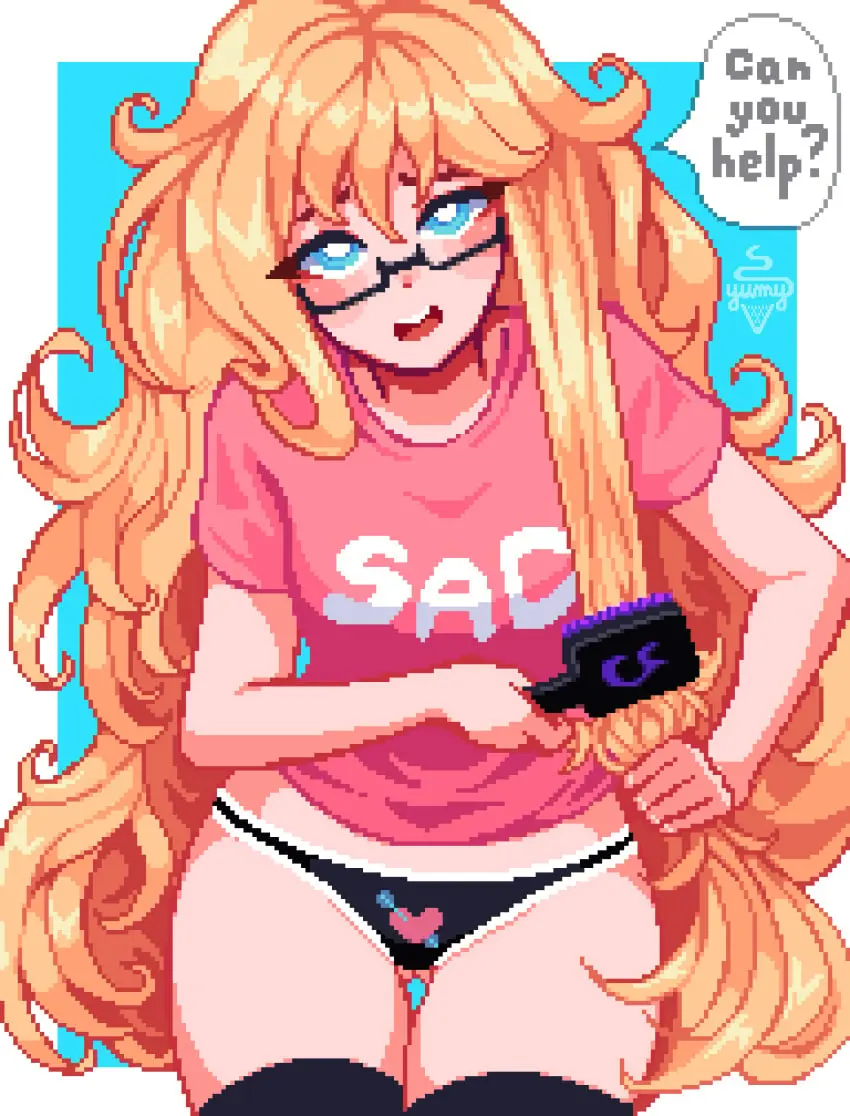 Image blush,breasts,cowboy_shot,female,highres,large_breasts,long_hair,looking_at_viewer,open_mouth,shirt,simple_background,solo,absurdres,blue_eyes,thighhighs,blue_background,thick_thighs,artist_name,glasses,blonde_hair,holding,english_text,speech_bubble,no_pants,t-shirt,pixel_art,black_thighhighs,pink_shirt,zettai_ryouiki,absolute_territory,brushing_hair,holding_brush,kana_fujisawa,yumykon,yumyverse