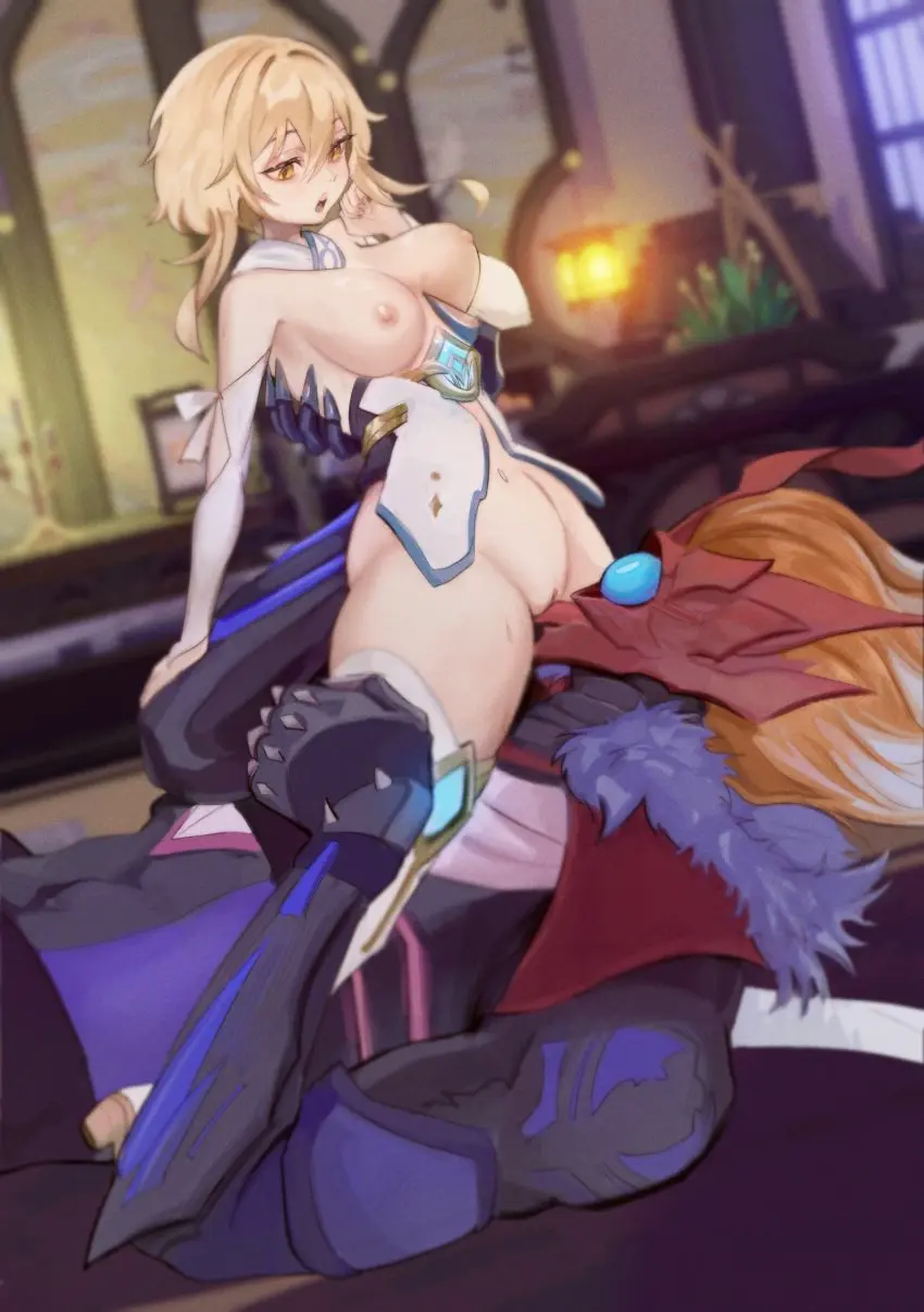 Image 1girls,breasts,breasts_out,female,human,1boy,male,oral,straight,thighhighs,yellow_eyes,size_difference,ginger,blonde_hair,monster,genshin_impact,oral_sex,straddling,cunnilingus,interspecies,blonde_female,mihoyo,fanon_couple,hoyoverse,facesitting,tits_out,lumine_(genshin_impact),thighhigh_boots,childe_(genshin_impact),tartaglia_(genshin_impact),teratophilia,akagamisusu,foul_legacy_transformation