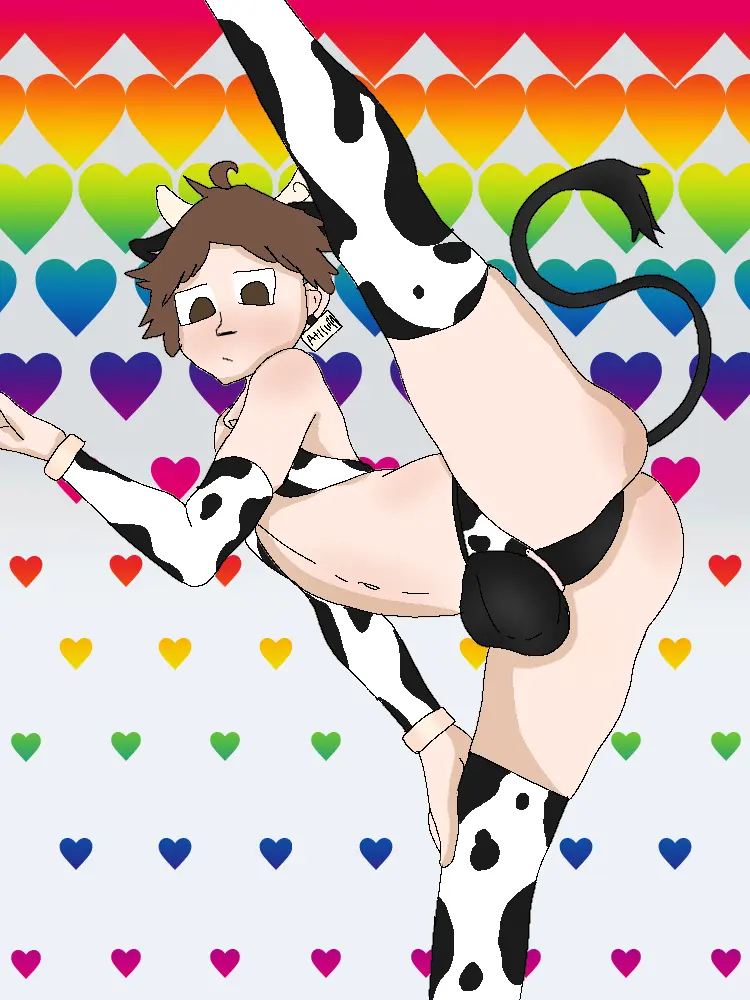 Image brown_eyes,clothing,human,light_skin,solo,1boy,male,short_hair,thighhighs,ass,thighs,humanoid,horns,male_only,ear,solo_focus,original,original_character,looking_down,brown_hair,cow_print,bulge,heart,skinny,young,oc,sleeves,cow_ears,cow_horns,cowbell,rainbow,cowboy,heart_background,crotch_focus,pixeldud