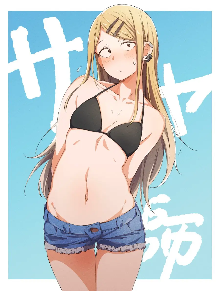 Image blush,breasts,brown_eyes,female,hair_ornament,long_hair,simple_background,solo,sweat,bikini,small_breasts,piercing,blonde_hair,hairclip,swimsuit,closed_mouth,ear_piercing,bikini_top_only,black_bikini,shorts,denim,arms_behind_back,flying_sweatdrops,short_shorts,denim_shorts,character_name,dagashi_kashi,eitopondo,endou_saya_(dagashi_kashi)