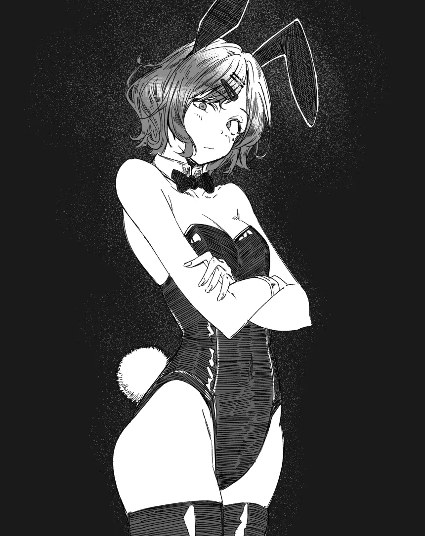 Image breasts,cowboy_shot,female,hair_ornament,large_breasts,looking_at_viewer,solo,animal_ears,short_hair,sidelocks,tail,thighhighs,bare_shoulders,cleavage,hairclip,rabbit_ears,monochrome,closed_mouth,idolmaster,from_side,hairpin,covered_navel,playboy_bunny,legs_together,leotard,fake_animal_ears,highleg,highleg_leotard,strapless,strapless_leotard,crossed_arms,fake_tail,greyscale,rabbit_tail,:/,idolmaster_shiny_colors,higuchi_madoka,bangs_pinned_back,eitopondo,eito12,hatching_(texture),linear_hatching