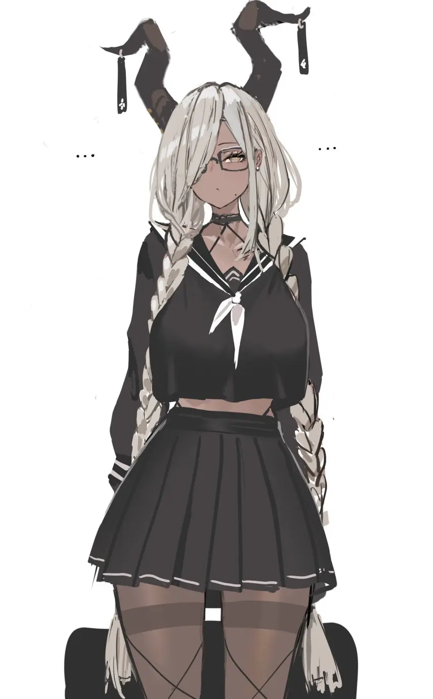 Image breasts,brown_eyes,cowboy_shot,female,grey_hair,highres,large_breasts,long_hair,long_sleeves,looking_at_viewer,shirt,simple_background,solo,white_background,absurdres,thighs,hair_over_one_eye,dark_skin,horns,glasses,mole,school_uniform,dark-skinned_female,braid,miniskirt,skirt,closed_mouth,pleated_skirt,serafuku,alternate_costume,mole_under_mouth,azur_lane,pantyhose,twin_braids,cosplay,commentary,black_shirt,arms_behind_back,english_commentary,black_serafuku,neckerchief,black_pantyhose,black_sailor_collar,sailor_collar,black_skirt,hair_over_shoulder,one_eye_covered,thighband_pantyhose,owari_(azur_lane),low_twin_braids,long_bangs,horn_ornament,white_neckerchief,dishwasher1910