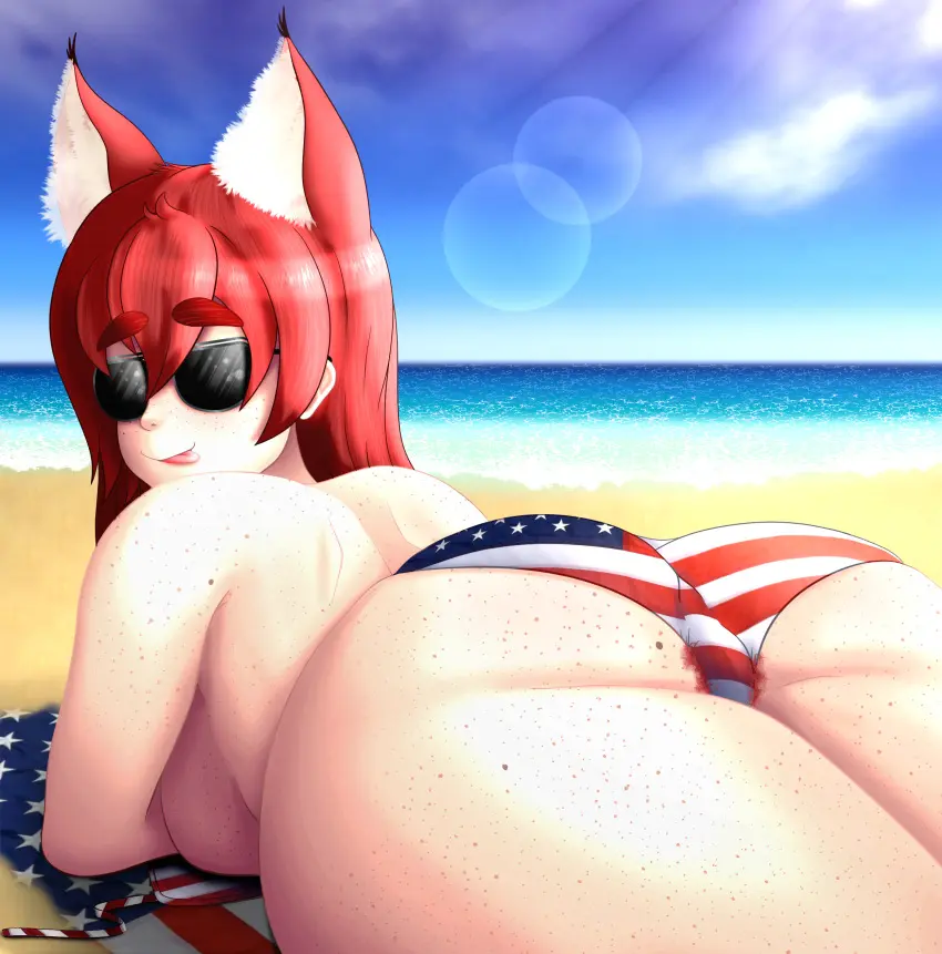 Image 1girls,breasts,female,light-skinned_female,solo,tongue_out,red_hair,bikini,ass,big_ass,huge_ass,thick_thighs,freckles,beach,cat_ears,fat_ass,original,original_character,pale-skinned_female,mole,pubic_hair,topless,thick_eyebrows,large_ass,bikini_bottom,sunglasses,tinted_eyewear,pubic_hair_peek,american_flag,american_flag_bikini,laying_on_stomach,sunbathing,chloe_(socks),socks_(artist)