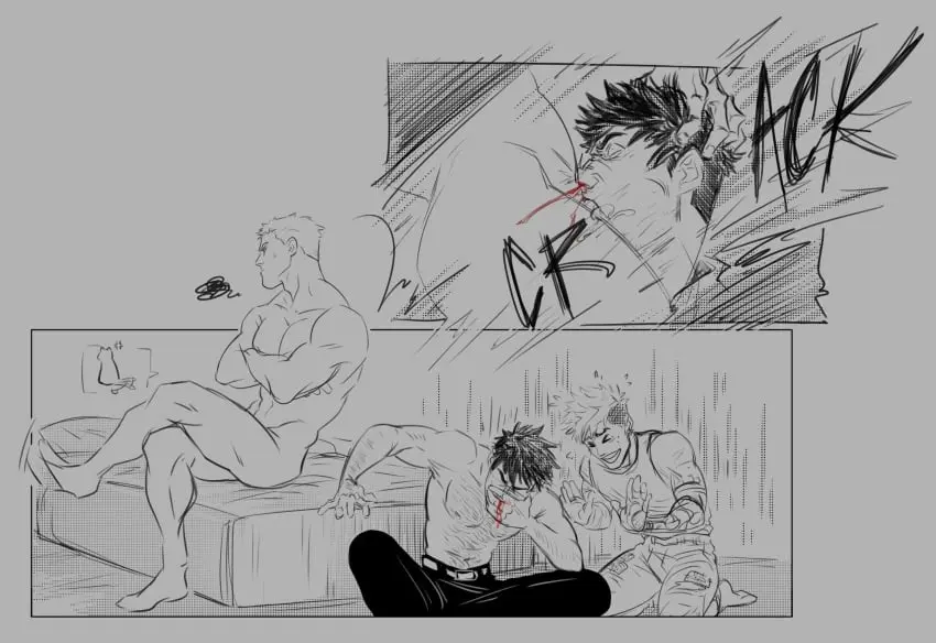 Image male,nude,muscular,muscular_male,male_only,yaoi,nude_male,deepthroat,black_and_white,nosebleed,pouting,3boys,hairy,hairy_male,no_visible_genitalia,laughing,rough_oral,shirtless_male,trigun,trigun_stampede,millions_knives,vash_the_stampede,nicholas_d_wolfwood,yamzokk