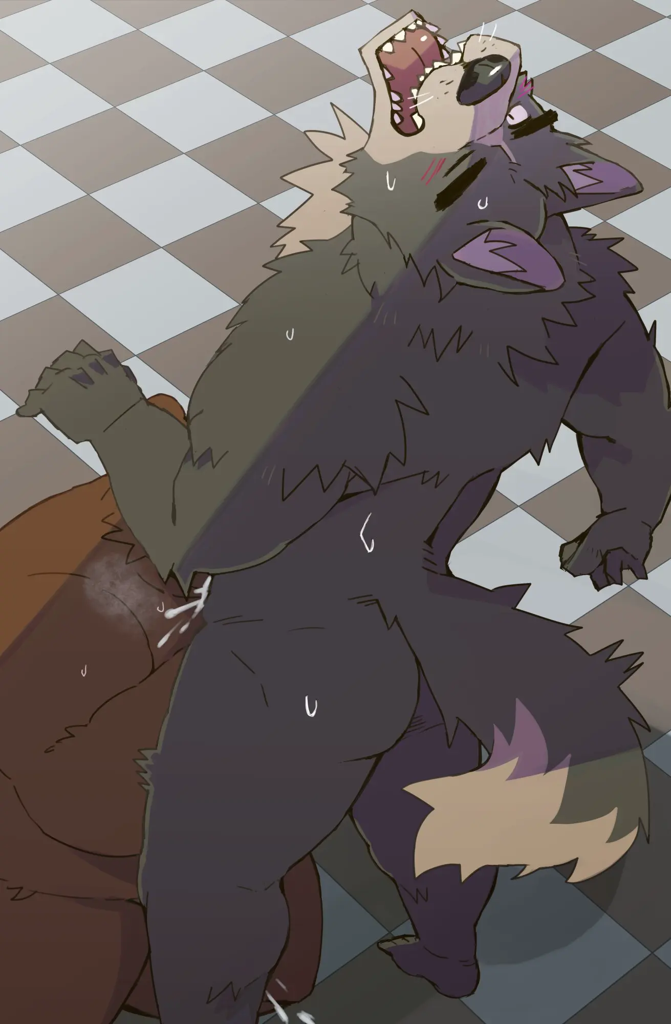 Image hi_res,cum,male,oral,ass,duo,male/male,anthro,one_eye_closed,ejaculation,genital_fluids,bodily_fluids,canid,canine,canis,mammal,wolf,2024,bear,brown_body,overweight,overweight_male,kemono,arufina_w