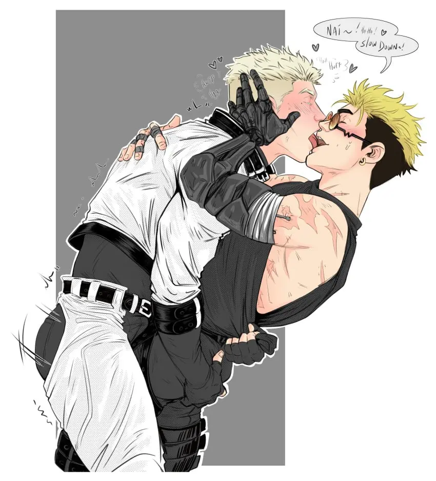 Image blush,clothed,male,sweat,tongue_out,2boys,male/male,male_only,yaoi,color,closed_eyes,incest,english_text,kissing,fingerless_gloves,scars,clothed_male,twins,tongue_kiss,scars_all_over,spats,mechanical_arm,trigun,trigun_stampede,identical_twins,brothers,arms_around_waist,millions_knives,vash_the_stampede,identical_twin_brothers,twin_brothers,yamzokk