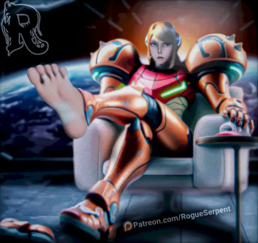 Image female,feet,foot_fetish,feet_up,3d,footwear,feet_focus,spacesuit,space,boots,foot_focus,armor,metroid,samus_aran,spacecraft,rogueserpent,boots_removed,spaceship,armored_samus,varia_suit,footjob_tease