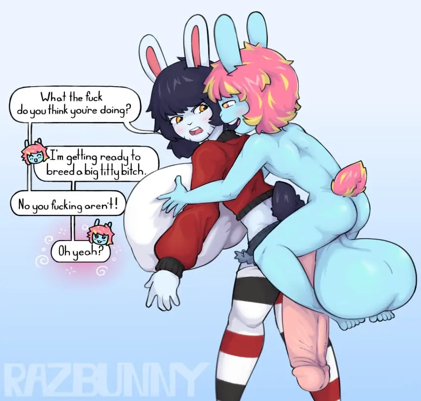 Image big_breasts,blush,breasts,female,hi_res,male,duo,hair,male/female,huge_breasts,pink_hair,anthro,hyper_breasts,pink_eyes,absurd_res,genitals,mammal,dialogue,small_but_hung,lagomorph,leporid,rabbit,hyper,hyper_genitalia,carrying_another,imminent_sex,mind_control,piggyback,claire_(razbunny),razbunny,razz_(razbunny)