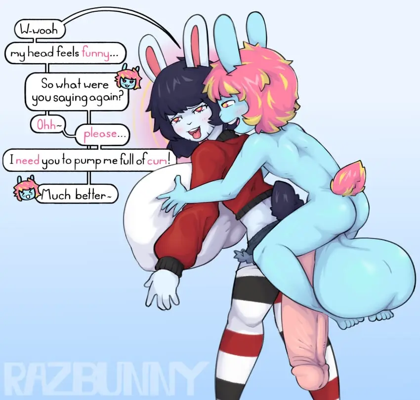 Image big_breasts,blush,breasts,female,hi_res,male,duo,hair,male/female,huge_breasts,pink_hair,anthro,hyper_breasts,pink_eyes,absurd_res,genitals,mammal,dialogue,small_but_hung,lagomorph,leporid,rabbit,hyper,hyper_genitalia,carrying_another,imminent_sex,mind_control,piggyback,claire_(razbunny),razbunny,razz_(razbunny)