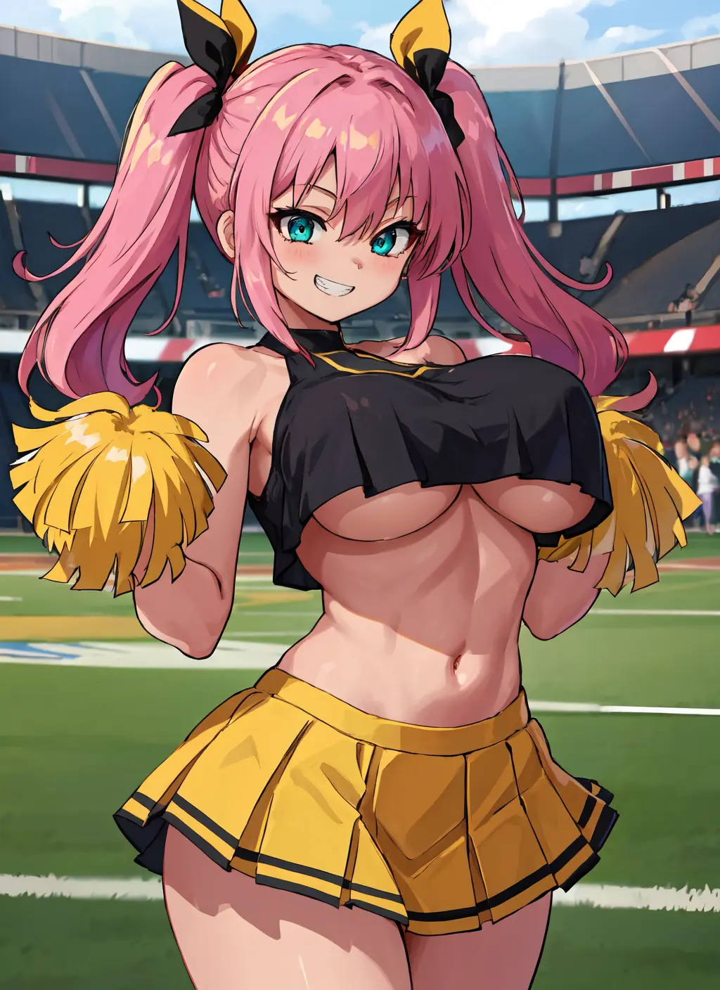 Image blush,breasts,clothing,cowboy_shot,female,female_only,hair_ornament,large_breasts,long_hair,looking_at_viewer,no_bra,open_mouth,shirt,smile,solo,standing,bangs,blue_eyes,navel,thighs,sky,ai_generated,sportswear,bare_shoulders,grin,midriff,solo_focus,teeth,underboob,pink_hair,tied_hair,original,original_character,cloud,outdoors,twintails,miniskirt,skirt,sleeveless,sleeveless_shirt,pleated_skirt,stomach,holding,aqua_eyes,uniform,blue_sky,day,crop_top,black_shirt,cheerleader,cheerleader_uniform,yellow_skirt,pom_poms,pom_pom_(cheerleading),stadium,holding_pom_poms,crop_top_overhang,mabi_ai