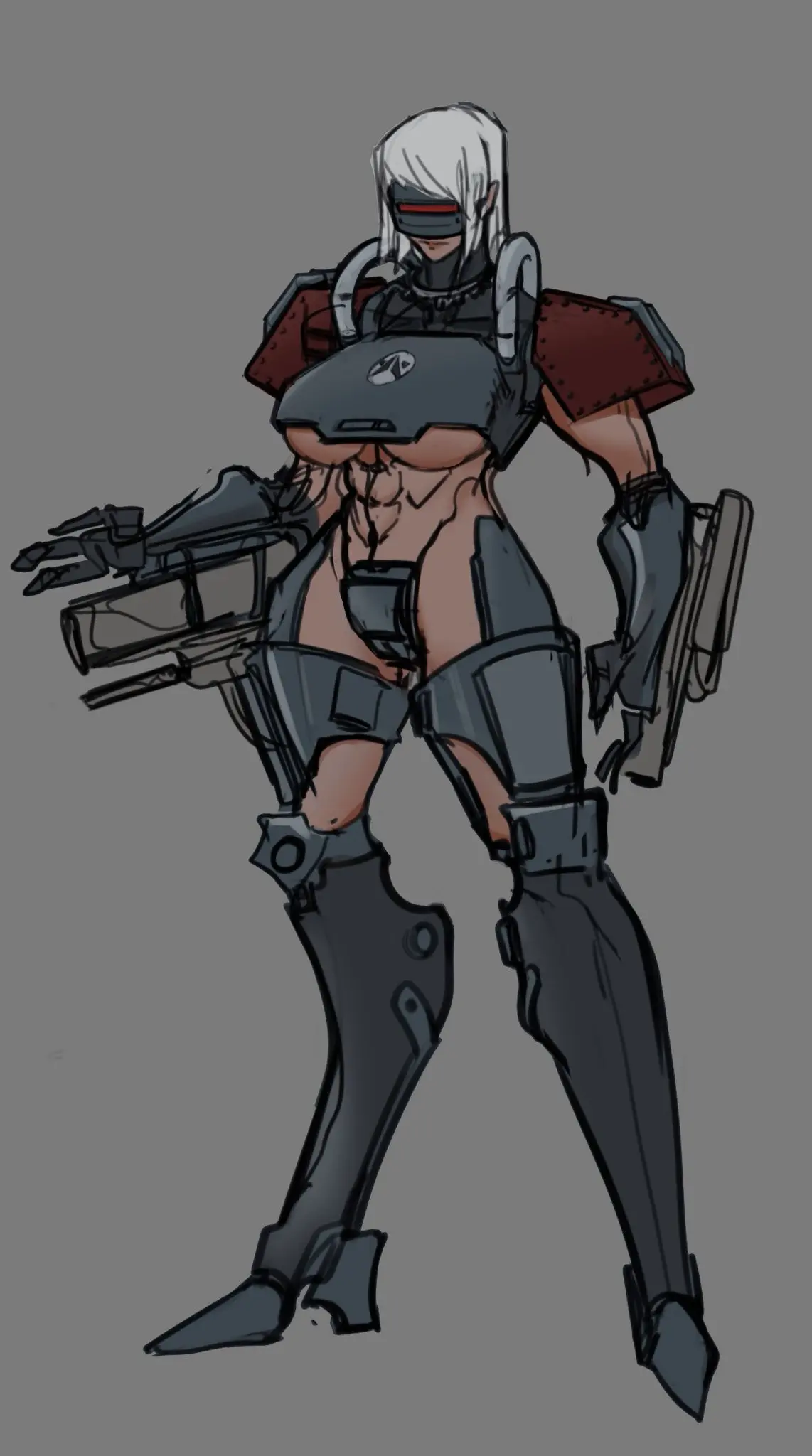 Image breasts,female,female_only,large_breasts,white_hair,female_focus,thick_thighs,dark_skin,muscular,solo_female,underboob,tan_body,2d,dark-skinned_female,partially_clothed,grey_background,abs,weapon,muscular_female,armor,robot,robot_girl,robot_humanoid,helldivers,helldivers_2,automaton_(helldivers),astralogy