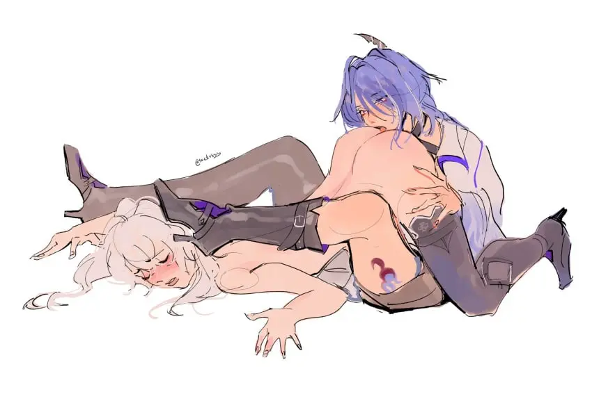 Image blush,female,grey_hair,highres,shirt,simple_background,white_background,2girls,multiple_girls,nude,thighhighs,tongue_out,lying,tongue,ass,on_stomach,parted_lips,purple_eyes,closed_eyes,purple_hair,top-down_bottom-up,high_heels,clothed_female_nude_female,yuri,white_shirt,ass_up,boots,commentary,high_heel_boots,black_thighhighs,honkai:_star_rail,honkai_(series),twitter_username,english_commentary,licking_ass,hand_on_another's_thigh,thigh_boots,acheron_(honkai:_star_rail),knee_boots,black_swan_(honkai:_star_rail),sockussy