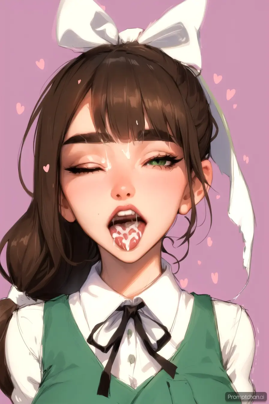 Image hi_res,bangs,cum,cum_in_mouth,cum_on_tongue,ai_generated,green_eyes,wink,tied_hair,ahe_gao,after_oral,school_uniform,brown_hair,after_fellatio,heart,bowtie