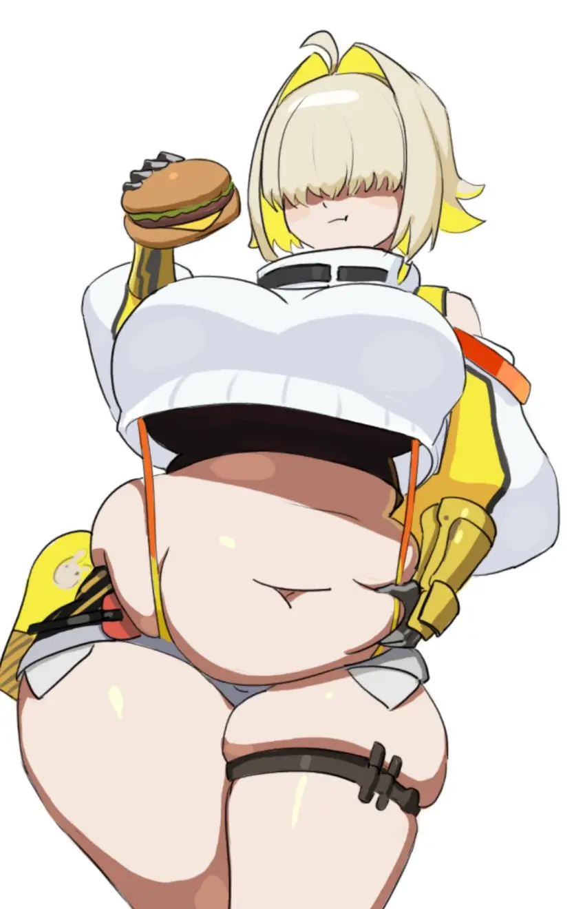 Image 1girls,breasts,female,female_only,large_breasts,bangs,female_focus,thick_thighs,thighs,hips,belly,underboob,blonde_hair,goddess_of_victory:_nikke,stomach,shorts,chubby,chubby_female,fat,elegg_(nikke),hair_over_eyes,short_shorts,eating,burger,hair_covering_eyes,eating_food,bangs_over_eyes,hamburger,grabbing_own_belly,baqua,cheeseburger