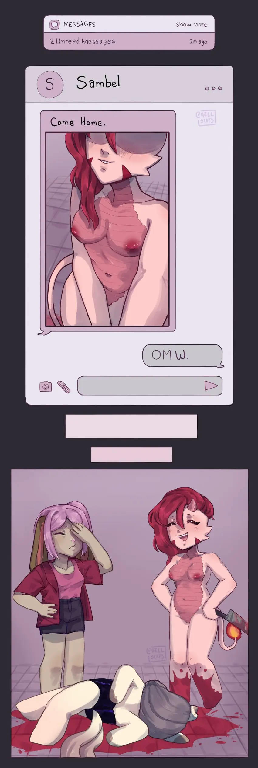 Image breasts,female,hi_res,nude,red_hair,hair,pink_hair,anthro,text,absurd_res,brown_hair,blood,bodily_fluids,mammal,feline,teasing,electronics,meme,lagomorph,leporid,rabbit,pink_body,group,trio,phone,felid,domestic_cat,felis,trans_woman,transfem,amphibian,knife,death,female_death,killing,salamander,family_guy_death_pose,sambal,facepalm,alyx_(alyxalyx),hellscap3
