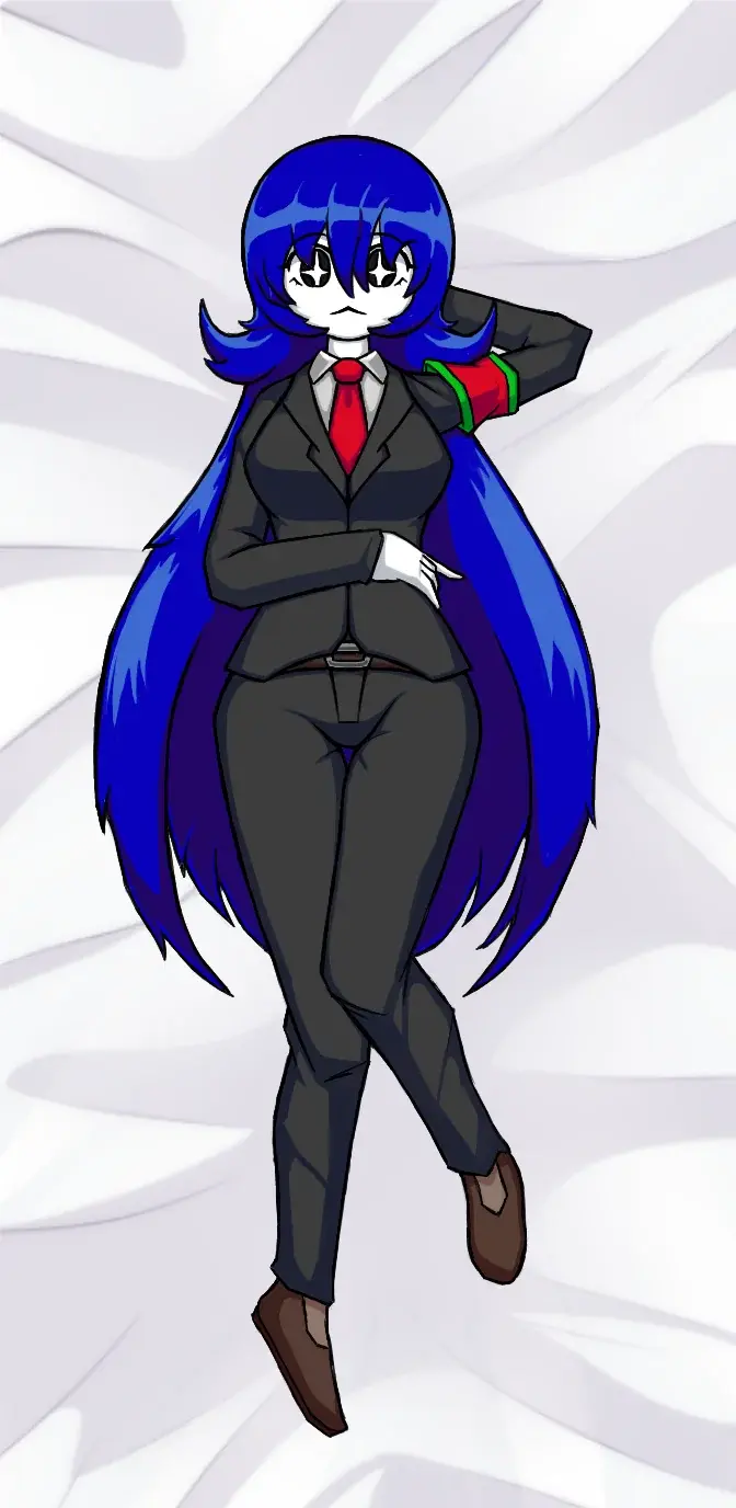 Image clothed,clothing,female,long_hair,solo,blue_hair,lying,thick_thighs,wide_hips,on_bed,bed,star-shaped_pupils,lying_on_back,project_moon,body_pillow,lobotomy_corporation,bongbong,eryx03