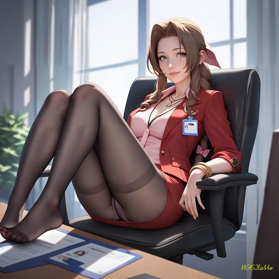 Image female,ai_generated,green_eyes,legs,brown_hair,final_fantasy,final_fantasy_vii,final_fantasy_vii_remake,pantyhose,office,aerith_gainsborough,office_lady,final_fantasy_vii_rebirth